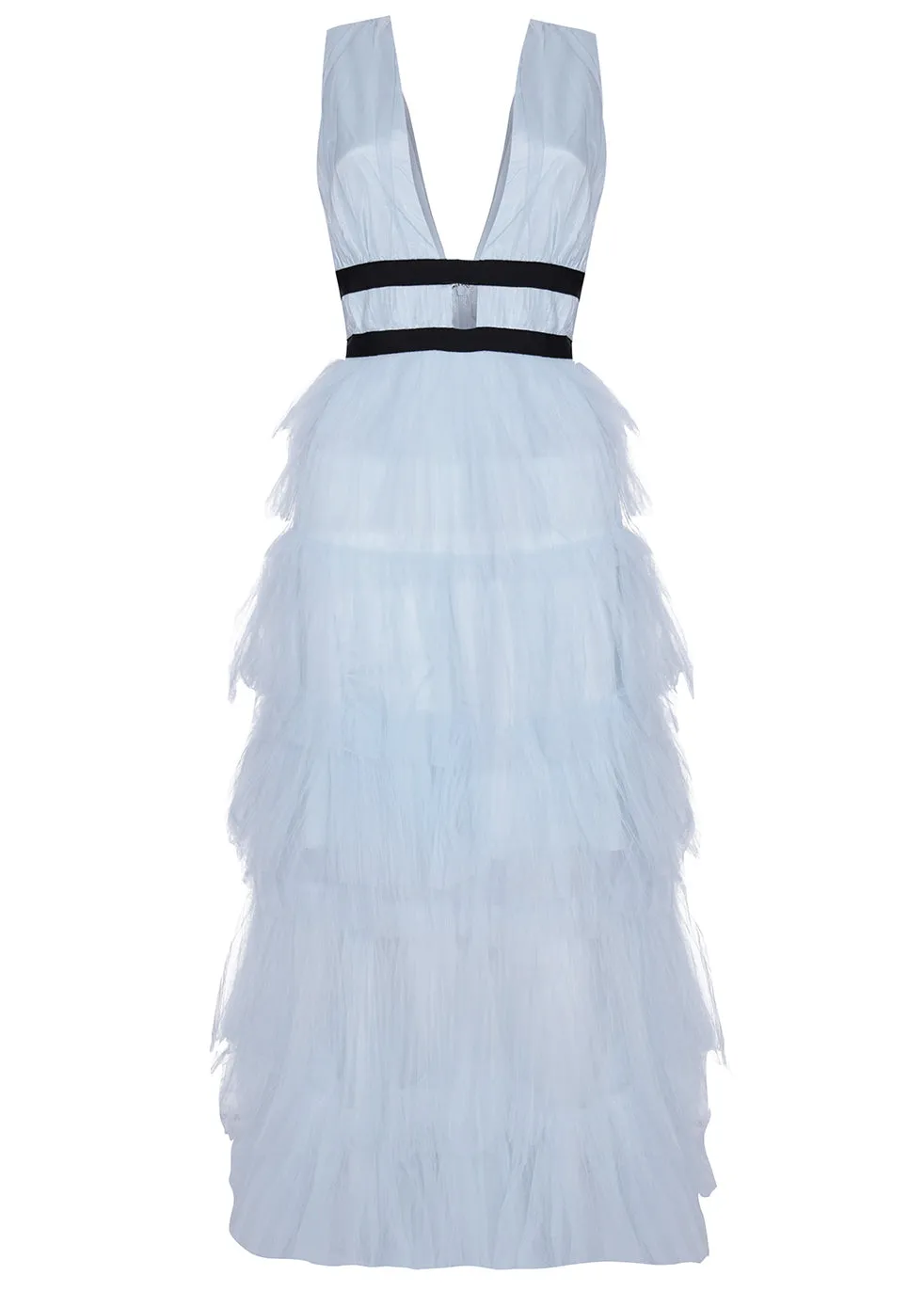 Eliza Dusty Blue Plunging Neck Layered Tulle Skirt Maxi-Dress