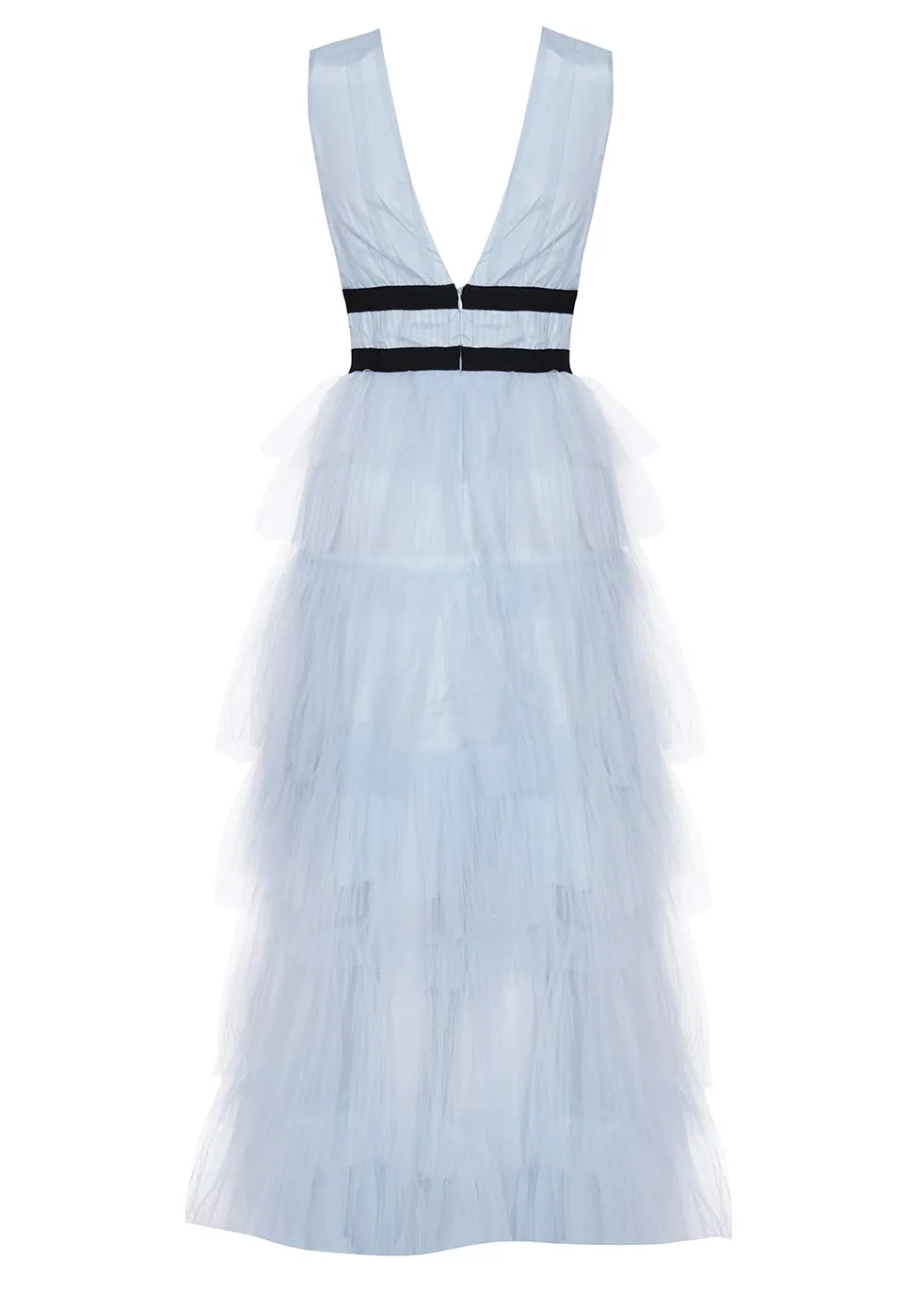 Eliza Dusty Blue Plunging Neck Layered Tulle Skirt Maxi-Dress