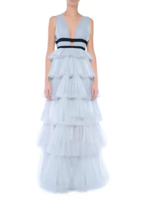 Eliza Dusty Blue Plunging Neck Layered Tulle Skirt Maxi-Dress