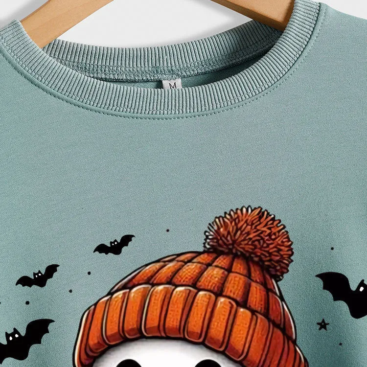 Fashion Long Sleeve Milk Tea Pumpkin Bat Printed Crew Neck Sweatshirt