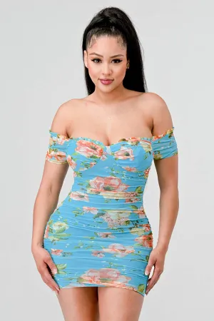 FLORAL MESH PRINT RUFFLED OFF SHOULDER MINI DRESS