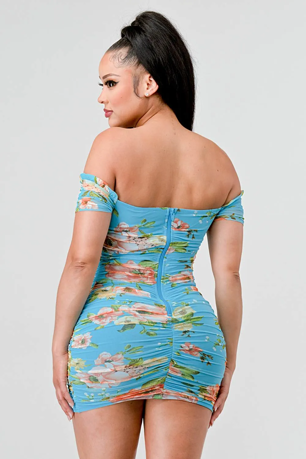 FLORAL MESH PRINT RUFFLED OFF SHOULDER MINI DRESS