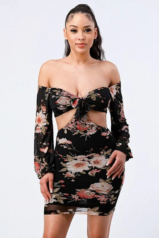 FLORAL STRETCH CHIFFON BODYCON DRESS