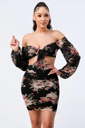 FLORAL STRETCH CHIFFON BODYCON DRESS