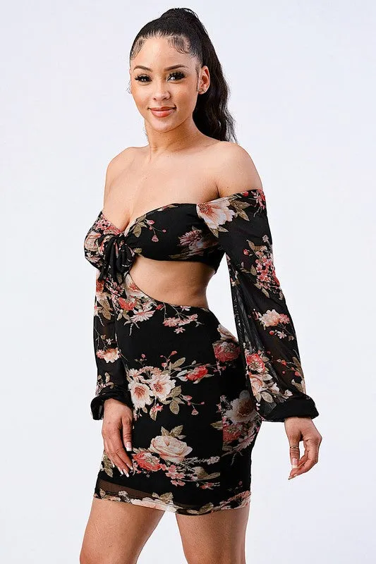 FLORAL STRETCH CHIFFON BODYCON DRESS