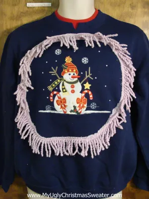 Funny Blue Christmas Sweatshirt Stick Arm Snowman