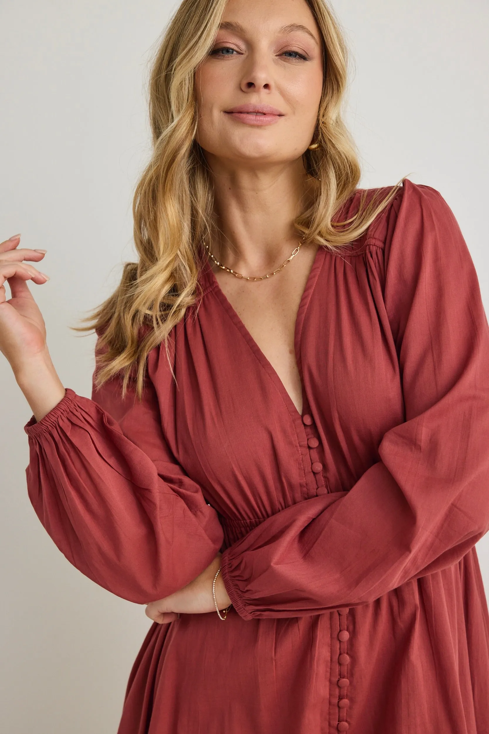 Gala Clay LS Button Front Tiered Maxi Dress