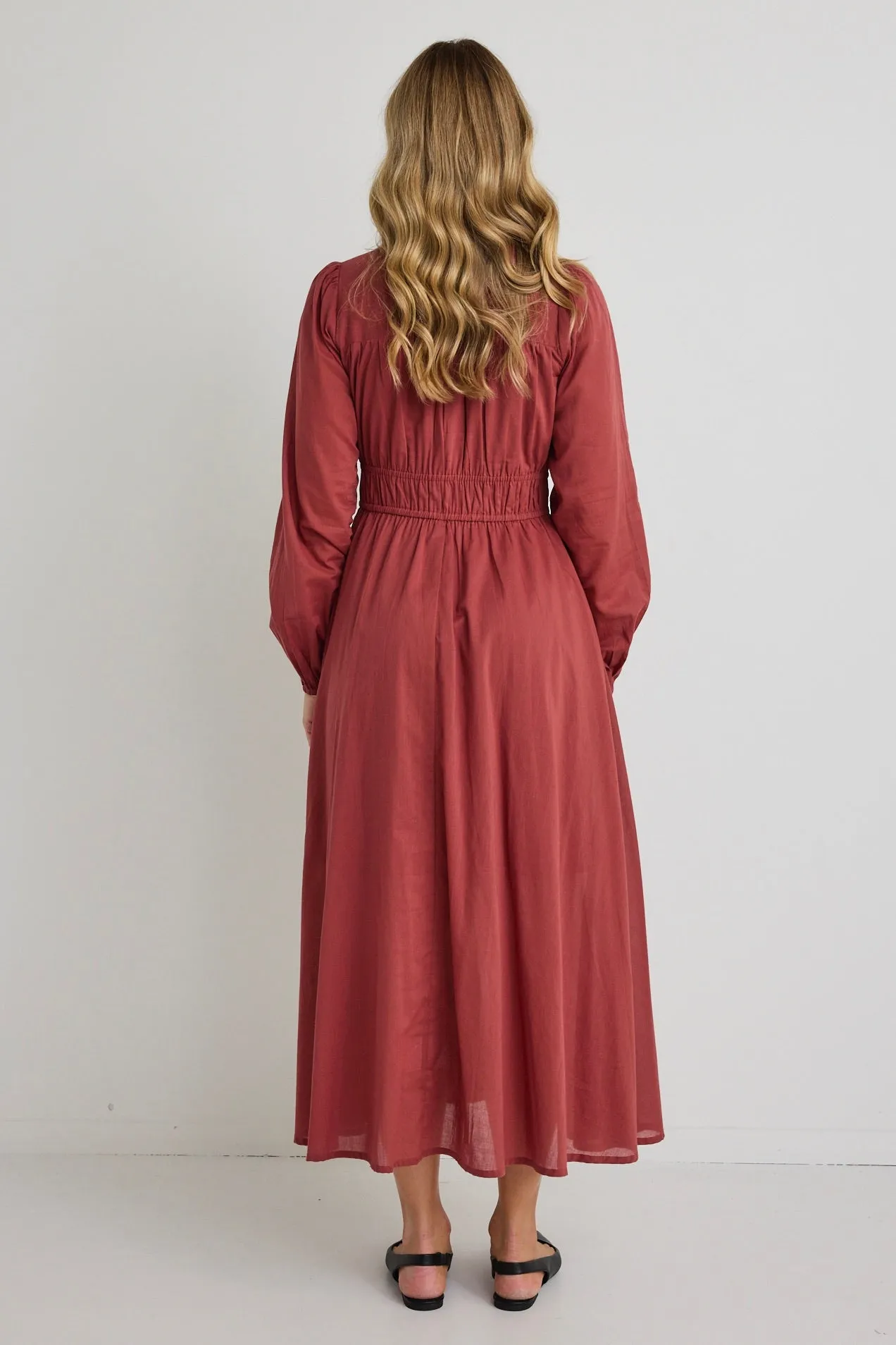 Gala Clay LS Button Front Tiered Maxi Dress