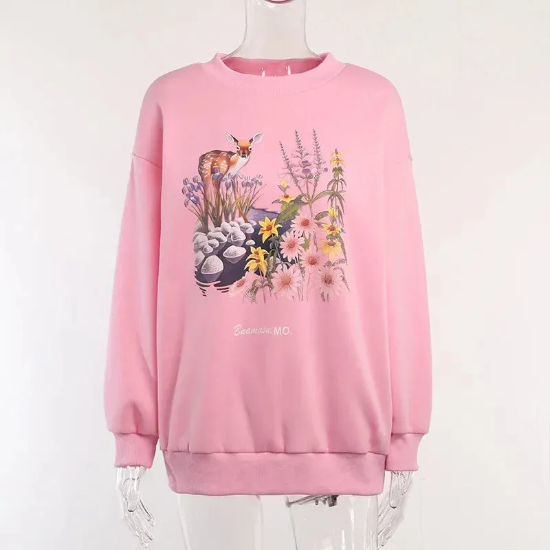 Graphic Sweatshirts Vintage Cartoon Animal Printed Oversized Hoodies Y2k Kawaii Fall Winter Clothes Girls P69-DZ36