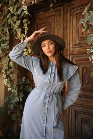 Gray Wash Denim Dress with Lapel Collar and White Ribbon Design