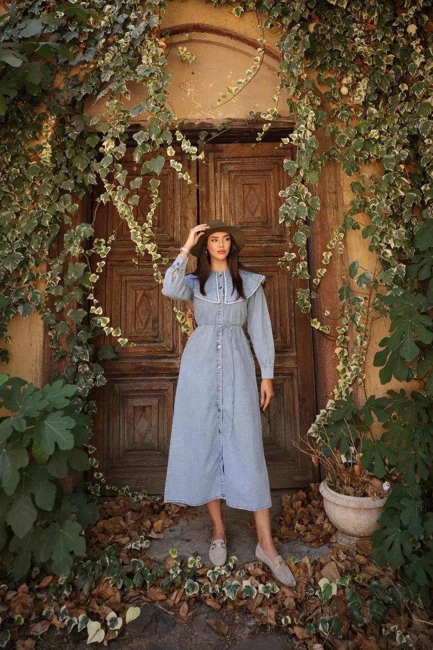 Gray Wash Denim Dress with Lapel Collar and White Ribbon Design
