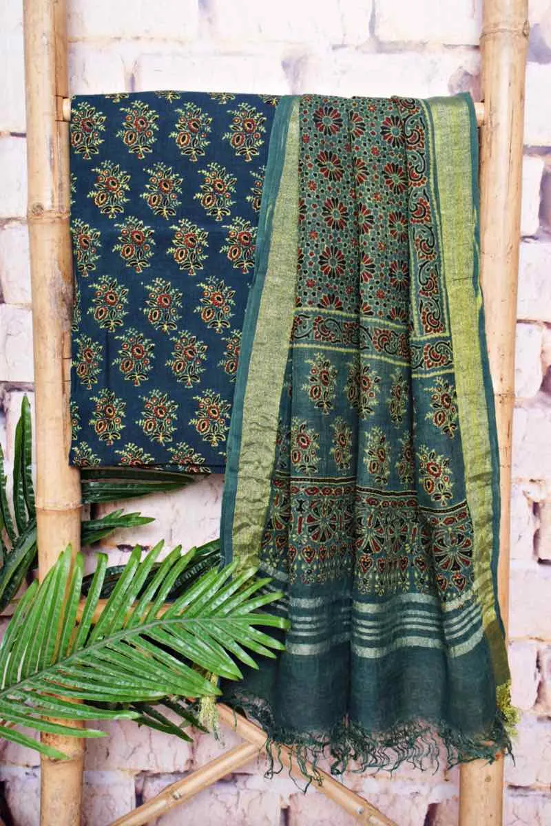 Green Ajrakh Block Print Linen Two Piece Set