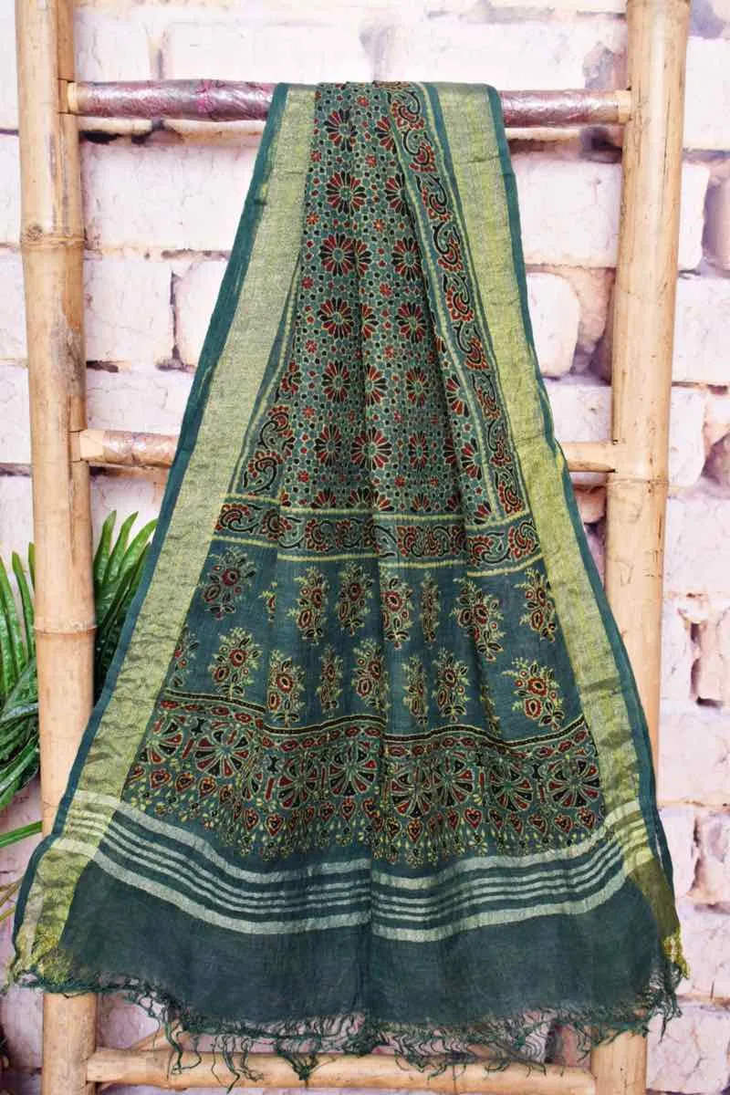 Green Ajrakh Block Print Linen Two Piece Set