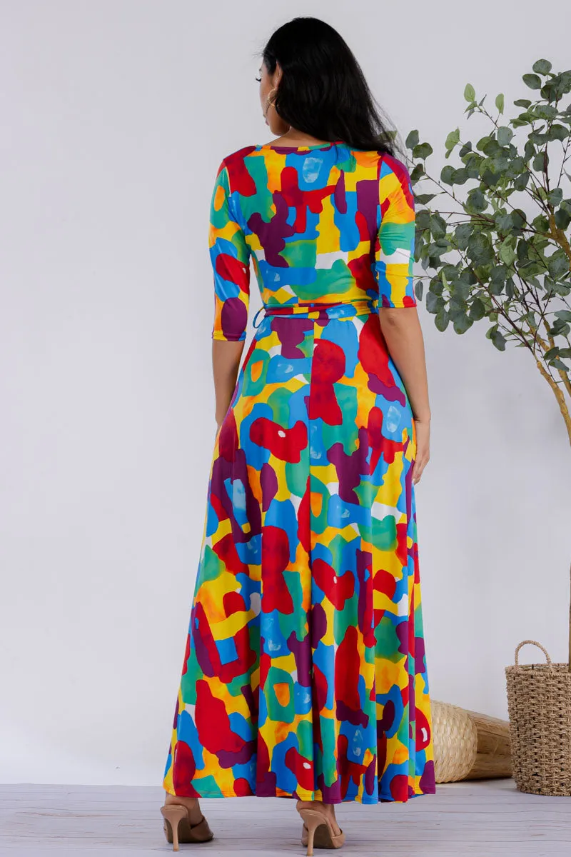 HH517R-MULTICOLOR - 3/4 SLEEVE MAXI DRESS