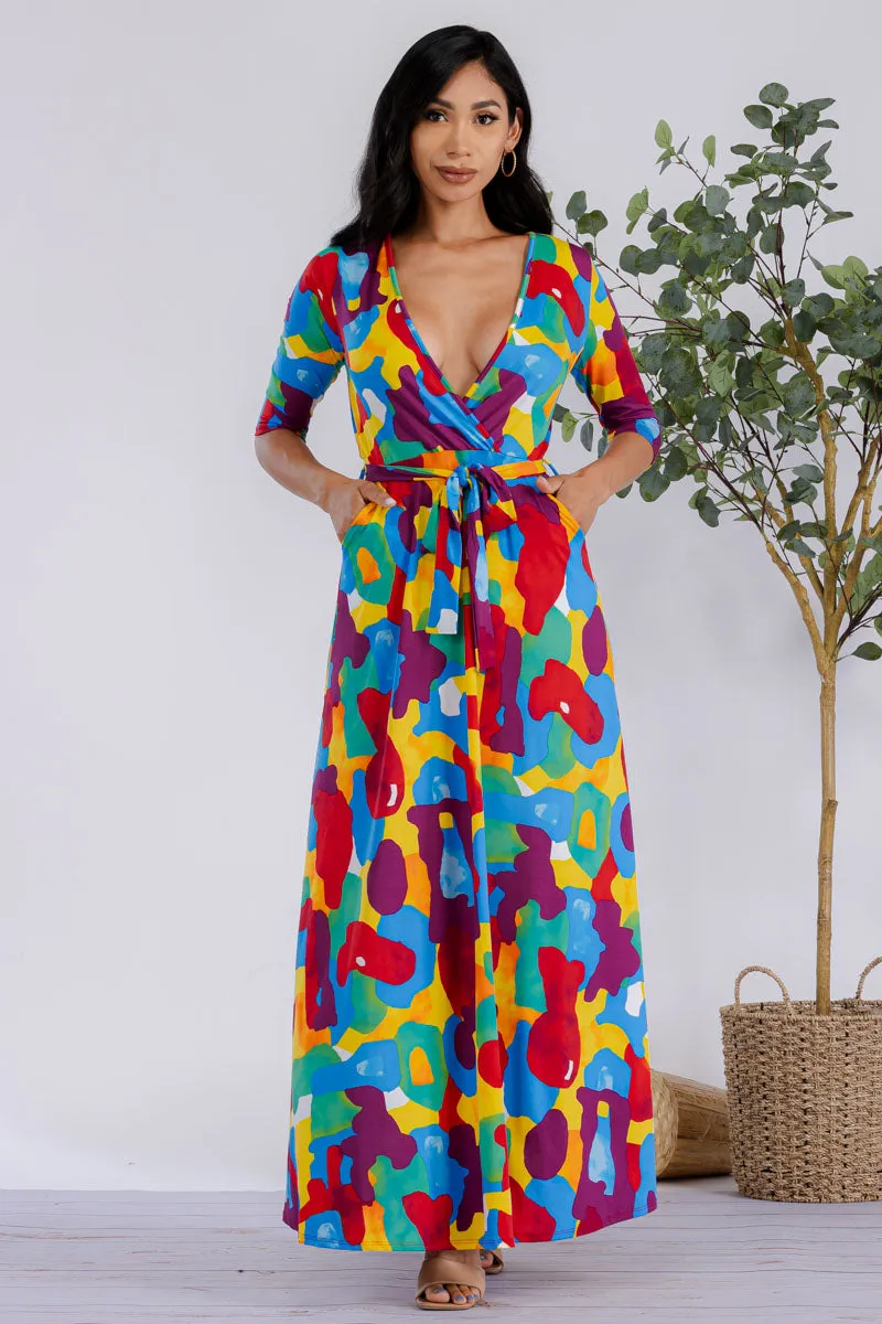 HH517R-MULTICOLOR - 3/4 SLEEVE MAXI DRESS