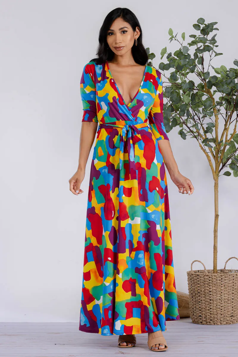 HH517R-MULTICOLOR - 3/4 SLEEVE MAXI DRESS