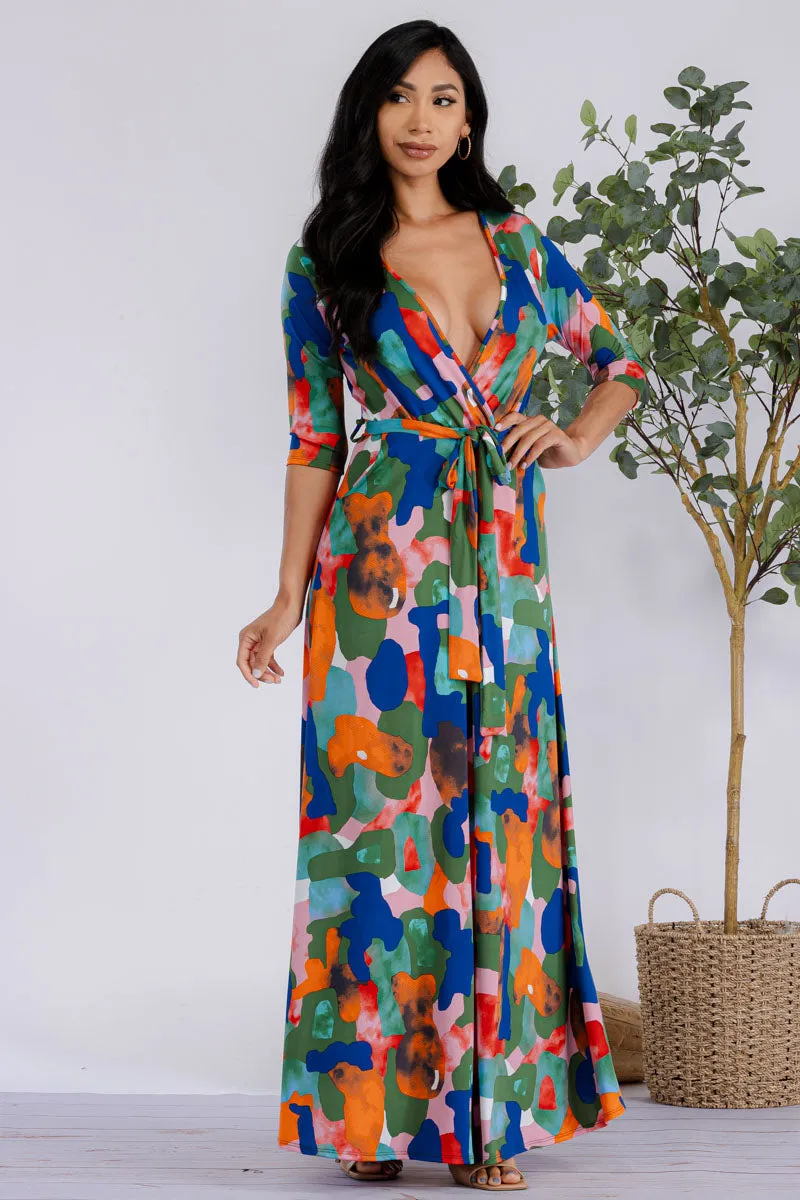 HH517R-MULTICOLOR - 3/4 SLEEVE MAXI DRESS