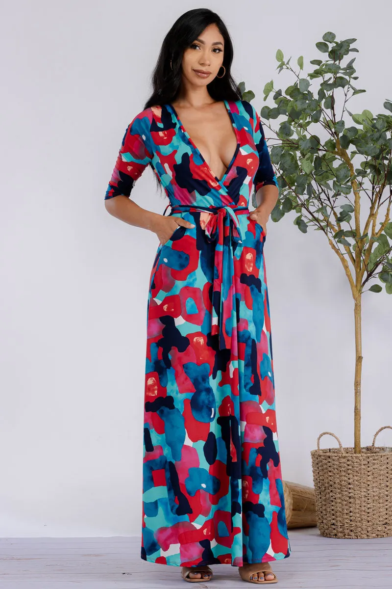 HH517R-MULTICOLOR - 3/4 SLEEVE MAXI DRESS
