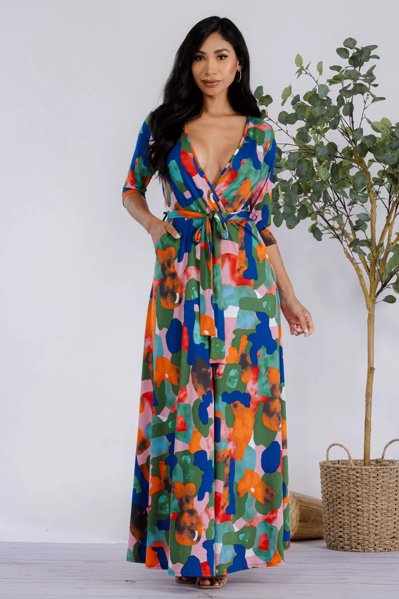 HH517R-MULTICOLOR - 3/4 SLEEVE MAXI DRESS
