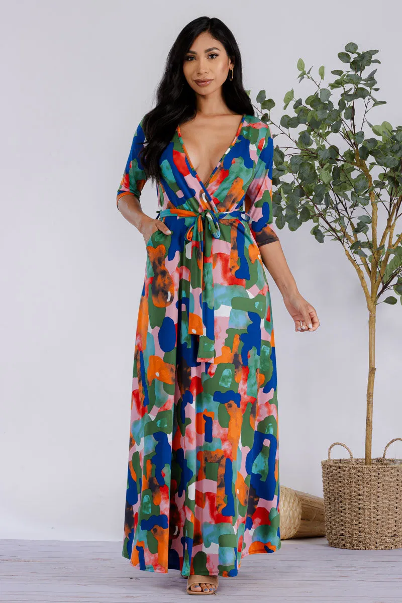 HH517R-MULTICOLOR - 3/4 SLEEVE MAXI DRESS