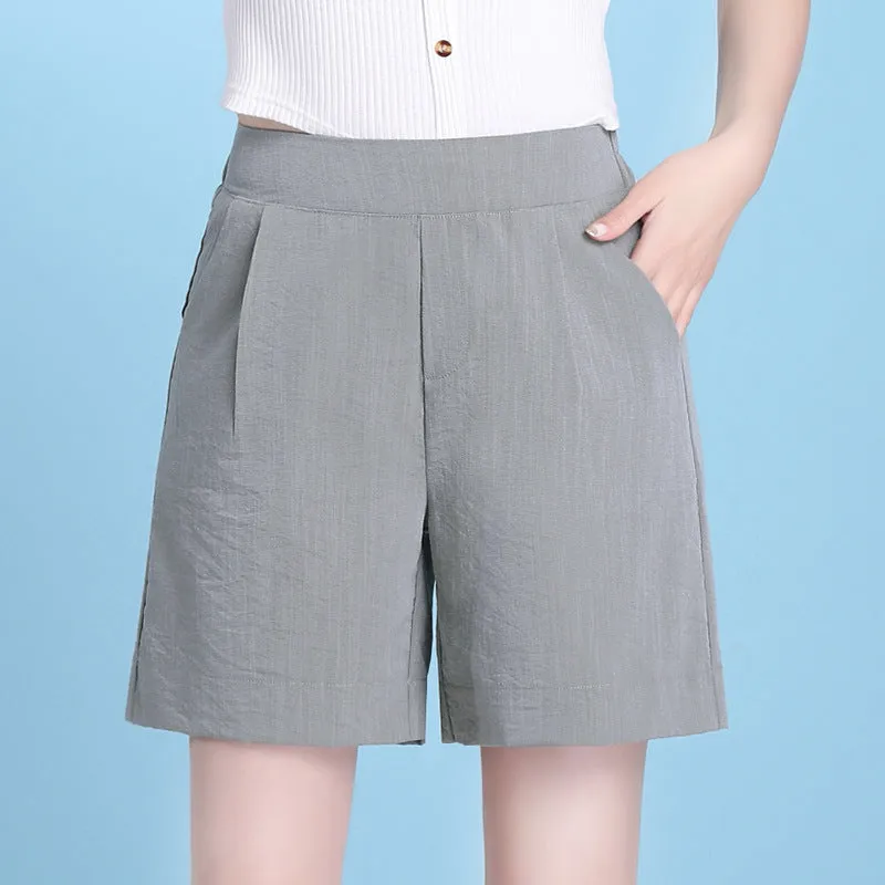 High Waist Casual Pants Summer Ice Silk Cotton Blend Thin Straight Loose Women Elastic Bermuda Shorts Bermuda Shorts