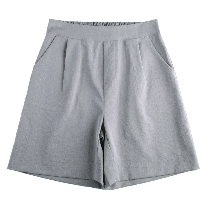 High Waist Casual Pants Summer Ice Silk Cotton Blend Thin Straight Loose Women Elastic Bermuda Shorts Bermuda Shorts