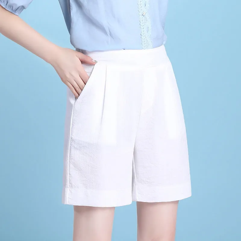 High Waist Casual Pants Summer Ice Silk Cotton Blend Thin Straight Loose Women Elastic Bermuda Shorts Bermuda Shorts