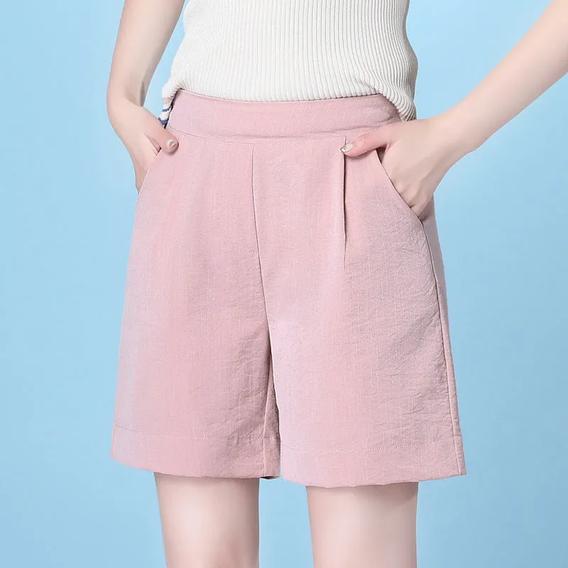 High Waist Casual Pants Summer Ice Silk Cotton Blend Thin Straight Loose Women Elastic Bermuda Shorts Bermuda Shorts