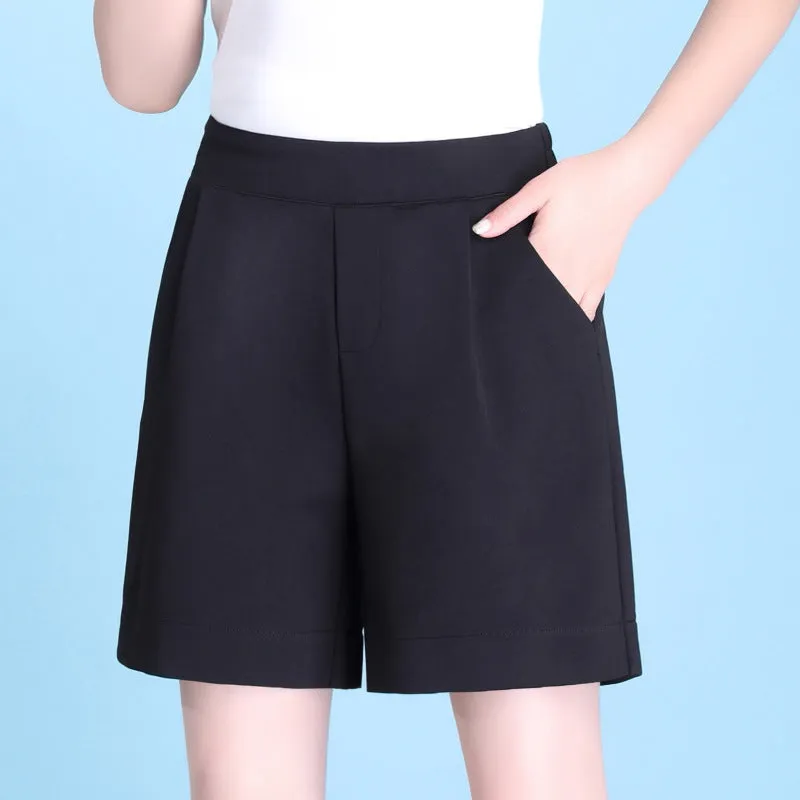 High Waist Casual Pants Summer Ice Silk Cotton Blend Thin Straight Loose Women Elastic Bermuda Shorts Bermuda Shorts