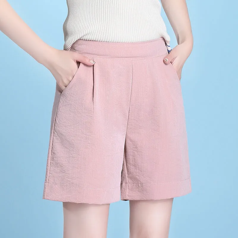 High Waist Casual Pants Summer Ice Silk Cotton Blend Thin Straight Loose Women Elastic Bermuda Shorts Bermuda Shorts