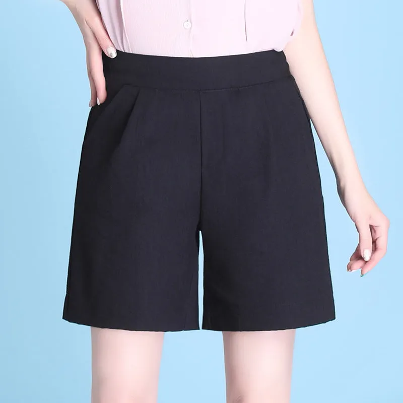 High Waist Casual Pants Summer Ice Silk Cotton Blend Thin Straight Loose Women Elastic Bermuda Shorts Bermuda Shorts
