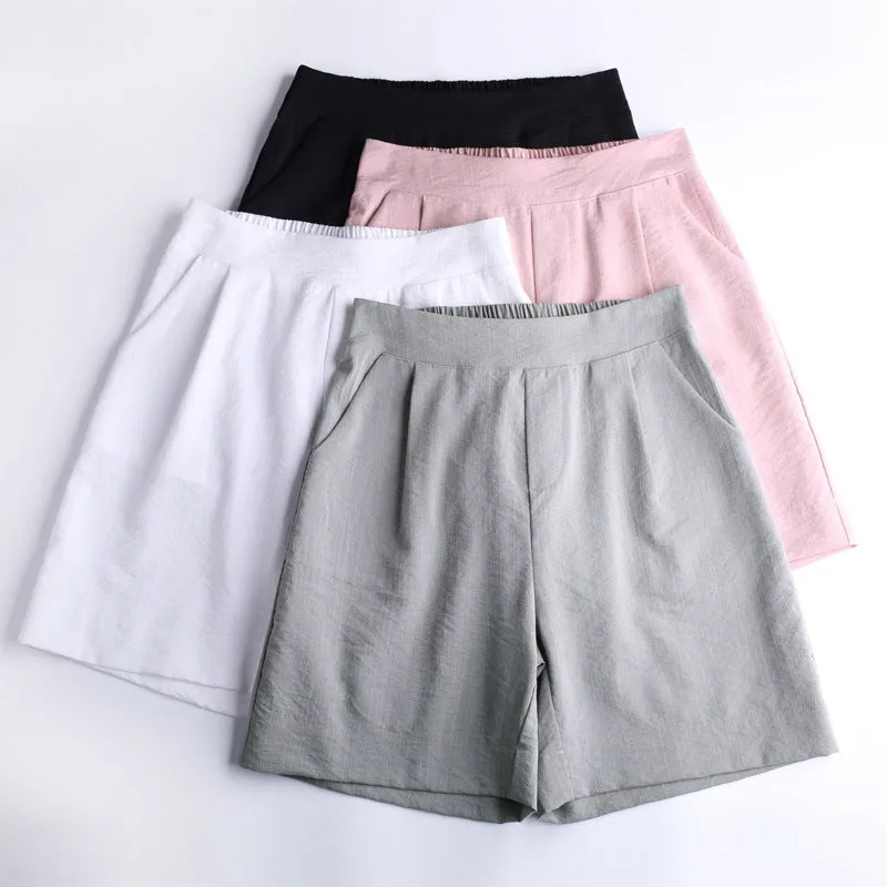 High Waist Casual Pants Summer Ice Silk Cotton Blend Thin Straight Loose Women Elastic Bermuda Shorts Bermuda Shorts