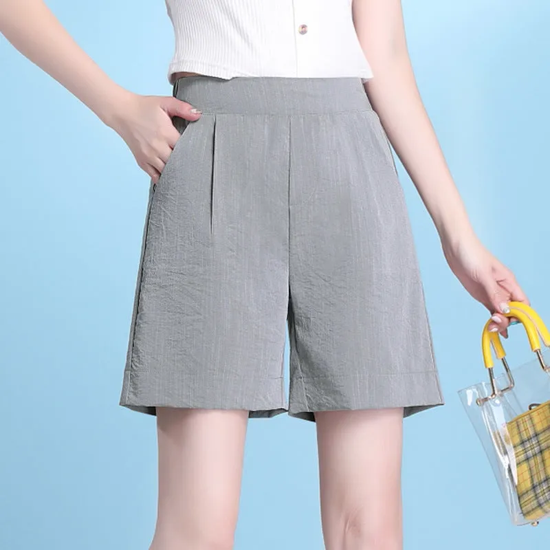 High Waist Casual Pants Summer Ice Silk Cotton Blend Thin Straight Loose Women Elastic Bermuda Shorts Bermuda Shorts