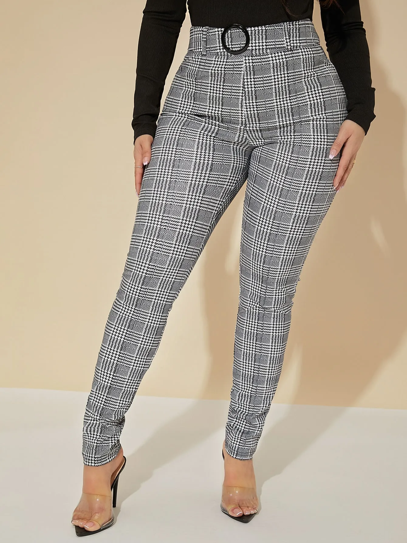 High Waist Glen Plaid Belted Pants