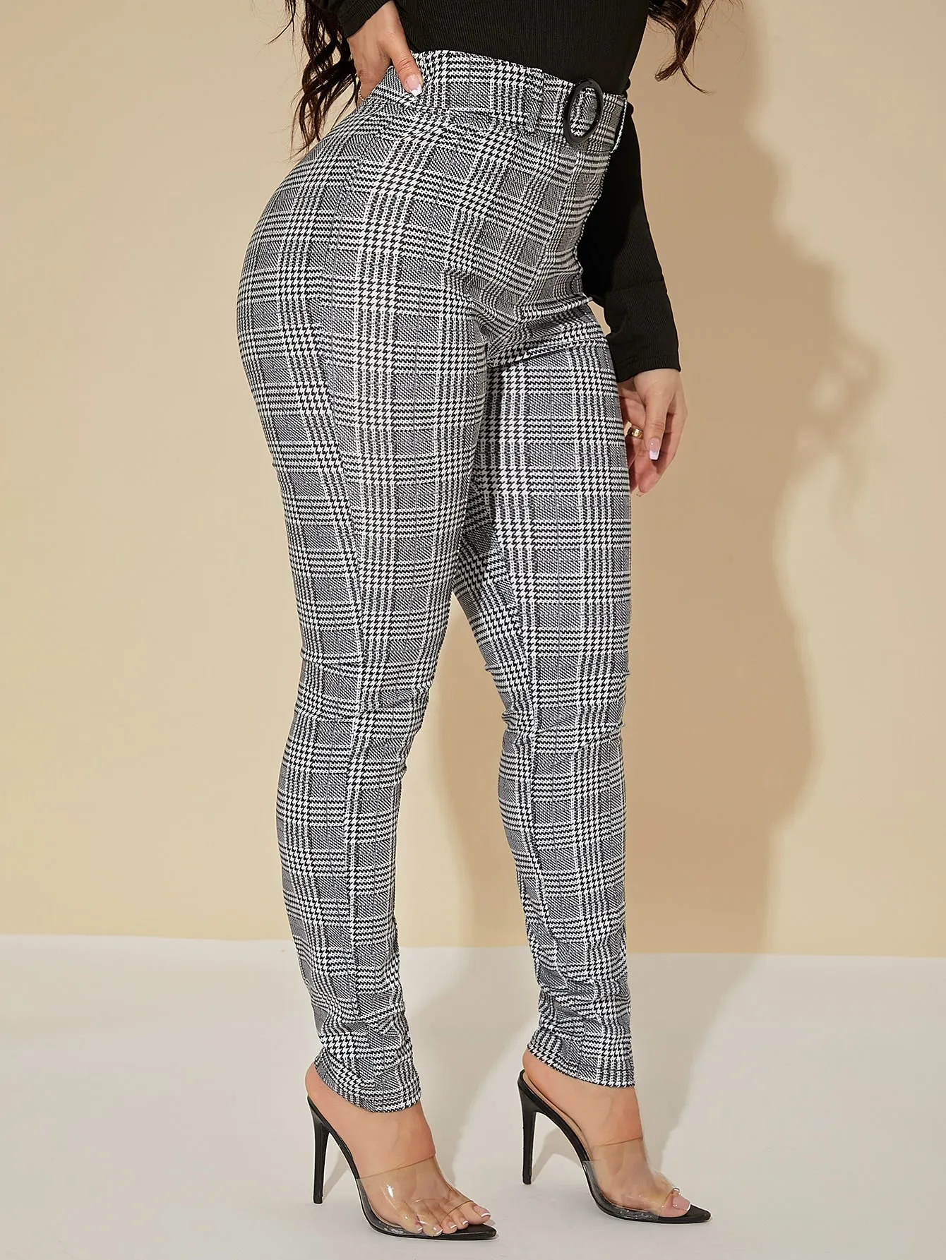 High Waist Glen Plaid Belted Pants