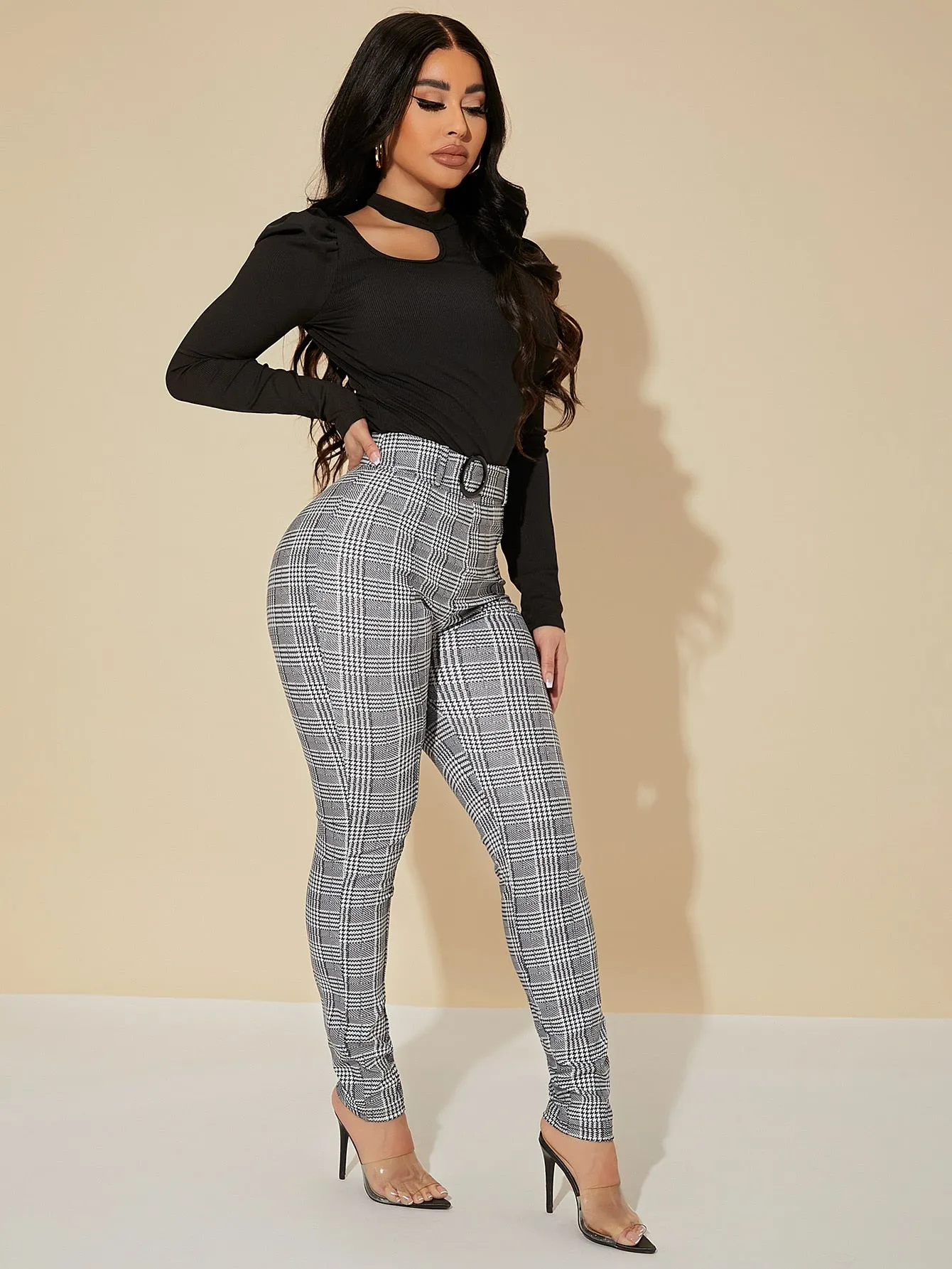 High Waist Glen Plaid Belted Pants