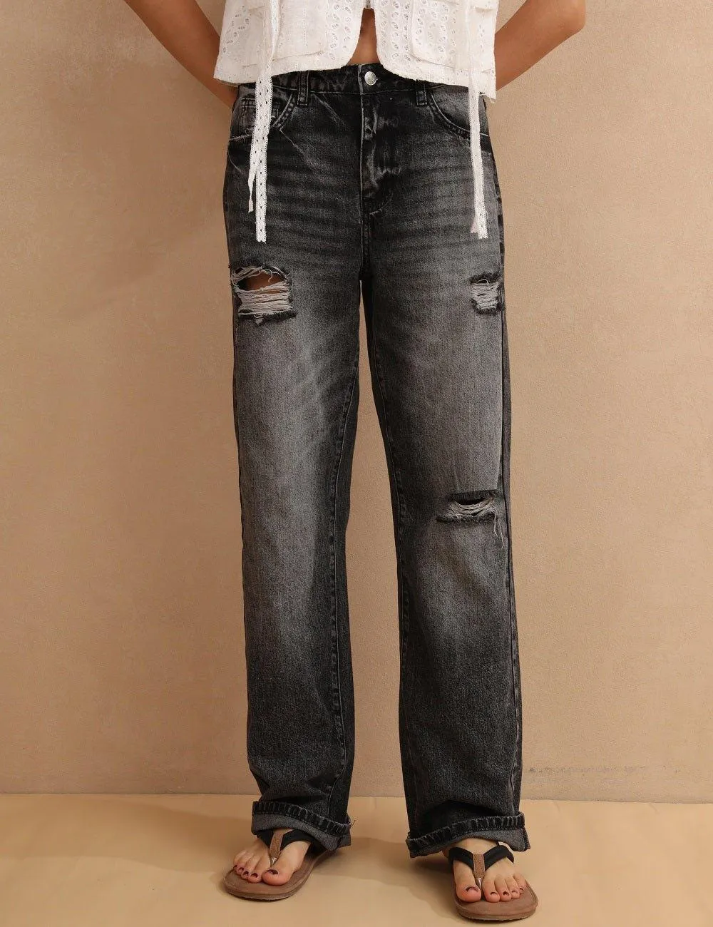 High Waist Stright Leg Daily Denim Pants Jeans SKP6733
