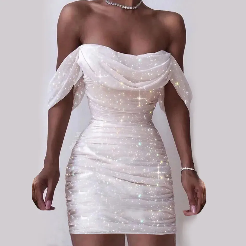 Hnzxzm Fall Dresses For Women 2024 Sexy Off Shoulder Ruched Glitter Sparkly Sequin Straight Bodycon Slim White Dress Vintage Prom Dress