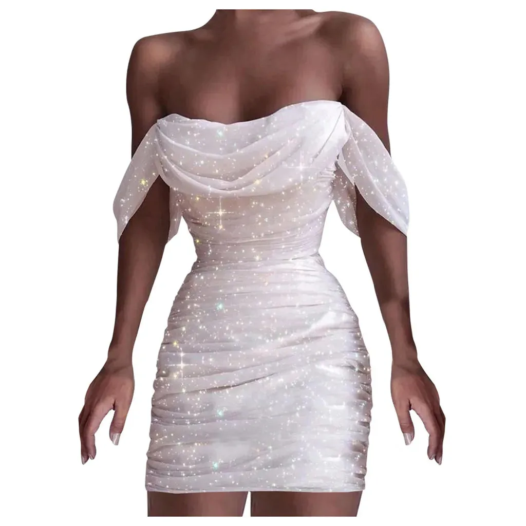 Hnzxzm Fall Dresses For Women 2024 Sexy Off Shoulder Ruched Glitter Sparkly Sequin Straight Bodycon Slim White Dress Vintage Prom Dress