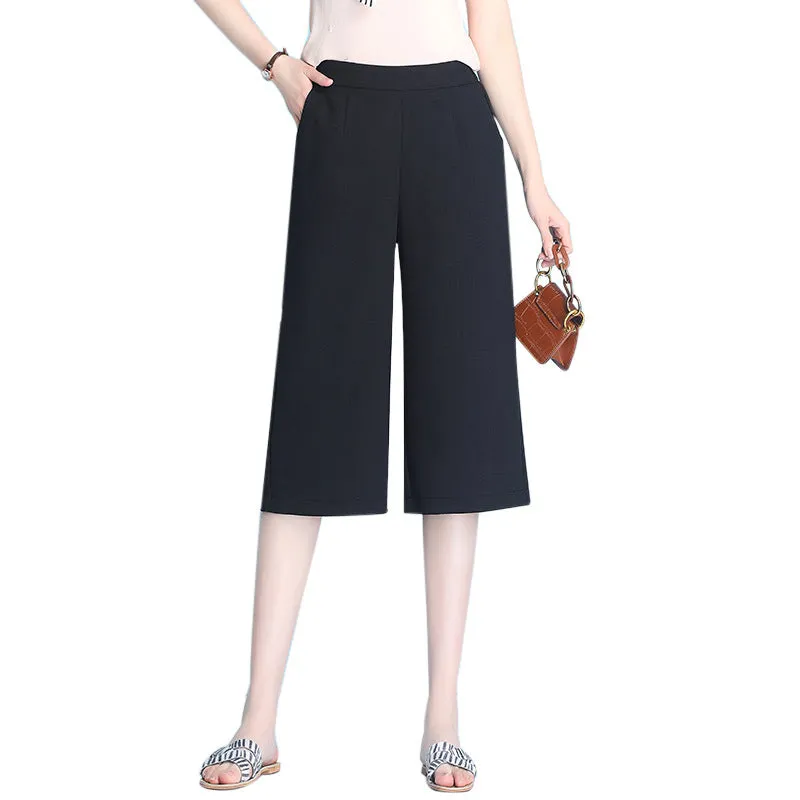 Ice Silk Three Quarter Wide Leg Pants Women Summer Thin High Waist Drape Mom Plus Size Loose Ankle-Length Casual Pants