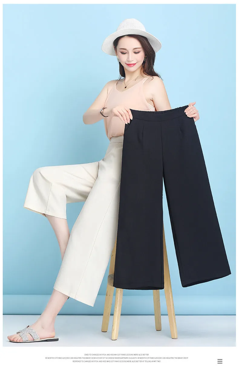 Ice Silk Three Quarter Wide Leg Pants Women Summer Thin High Waist Drape Mom Plus Size Loose Ankle-Length Casual Pants