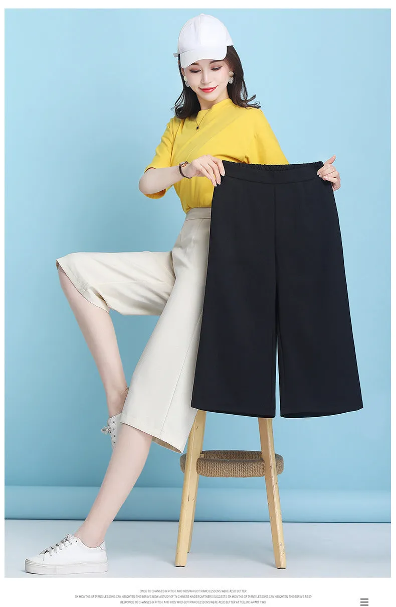 Ice Silk Three Quarter Wide Leg Pants Women Summer Thin High Waist Drape Mom Plus Size Loose Ankle-Length Casual Pants