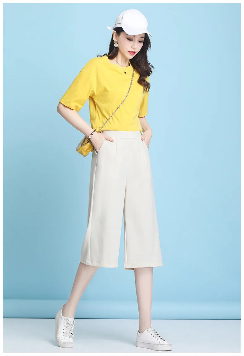 Ice Silk Three Quarter Wide Leg Pants Women Summer Thin High Waist Drape Mom Plus Size Loose Ankle-Length Casual Pants