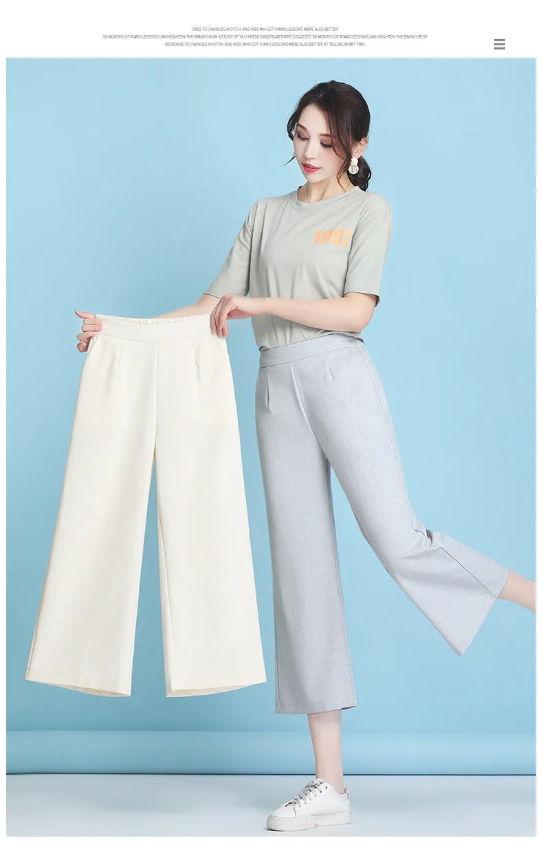 Ice Silk Three Quarter Wide Leg Pants Women Summer Thin High Waist Drape Mom Plus Size Loose Ankle-Length Casual Pants