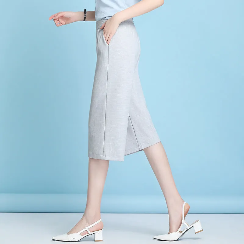 Ice Silk Three Quarter Wide Leg Pants Women Summer Thin High Waist Drape Mom Plus Size Loose Ankle-Length Casual Pants