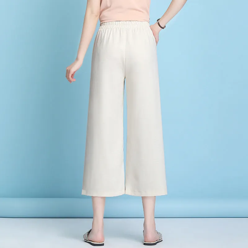 Ice Silk Three Quarter Wide Leg Pants Women Summer Thin High Waist Drape Mom Plus Size Loose Ankle-Length Casual Pants