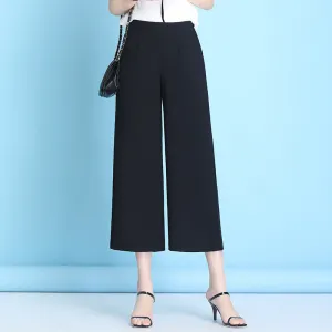 Ice Silk Three Quarter Wide Leg Pants Women Summer Thin High Waist Drape Mom Plus Size Loose Ankle-Length Casual Pants