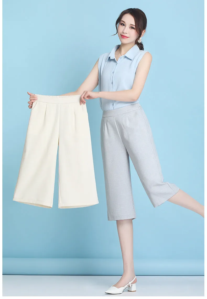 Ice Silk Three Quarter Wide Leg Pants Women Summer Thin High Waist Drape Mom Plus Size Loose Ankle-Length Casual Pants