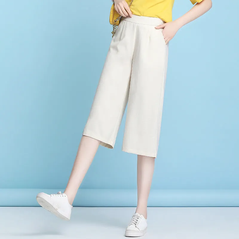 Ice Silk Three Quarter Wide Leg Pants Women Summer Thin High Waist Drape Mom Plus Size Loose Ankle-Length Casual Pants