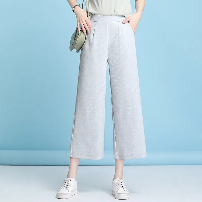 Ice Silk Three Quarter Wide Leg Pants Women Summer Thin High Waist Drape Mom Plus Size Loose Ankle-Length Casual Pants